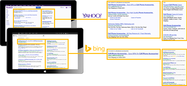 广告将展示在 Bing 和 Yahoo! 的网页搜索结果中