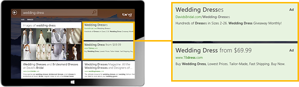 广告将展示在 Windows 8 Bing App 应用的搜索结果中