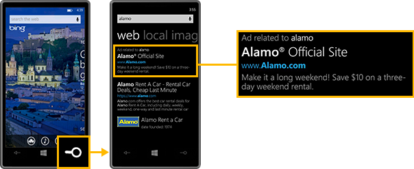 广告将展示在 Windows Phone 手机的搜索结果中